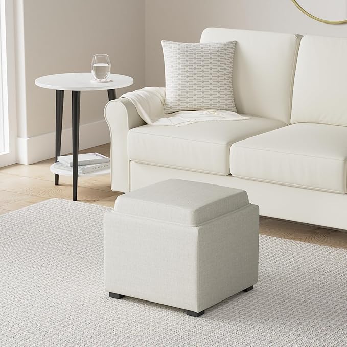 CHITA Storage Ottoman Cube with Tray Lid, Small Footstool with Storage, Square End Table for Living Room and Bedroom, Fabric in Linen