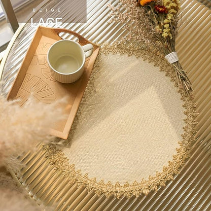 FunWheat Burlap Round Braided Placemats Set of 12 for Dining Tables 15 Inch Heat Resistant Jute Table Mats Farmhouse Woven Fabric Natural Place mats for Fall Decoration(Jute Lace)