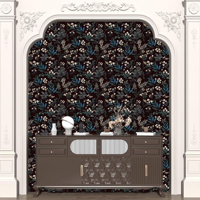 Vintage Wallpaper Peel and Stick Dark Green Floral Wallpaper 17.5'' x 118'' Green Leaf Contact Paper Vinyl Waterproof Self Adhesive Boho Botanical Wall Paper for Bedroom Cabinet Décor