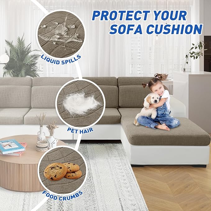 MAXIJIN Waterproof 3 Pieces Couch Cushion Covers for Sectional Sofa Seat Slipcover Stretch Sectional Couch Cover for L Shape Left/Right Chaise with Elastic Bottom (2 Seater + 1 Chaise, Khaki)