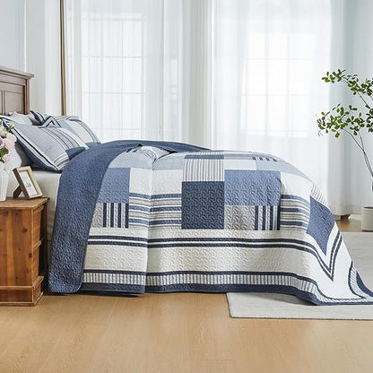 100% Cotton 128"x120" Oversized Quilt Bedspread, Plaid Patchwork California King Extra Large Quilt Bedding Set, Reversible Cal King XL Bed Spread Lightweight Comforter, Blue, 3Pcs