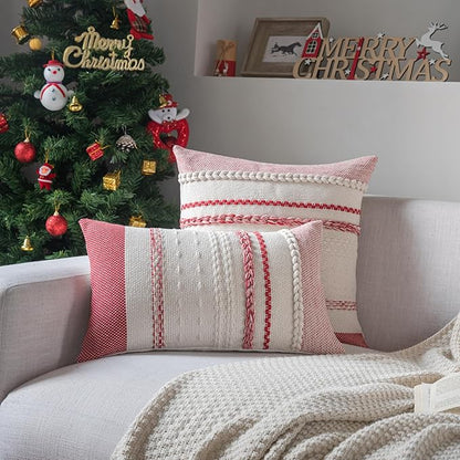Valentines Pillow Covers 12x20 Inch Set of 2, Red Textured Boho Valentines Day Decoration Couch Pillow Cases for Farmhouse Home Decor, Accent Cushion Cover for Sofa, Bed, Living Room, Bedroom