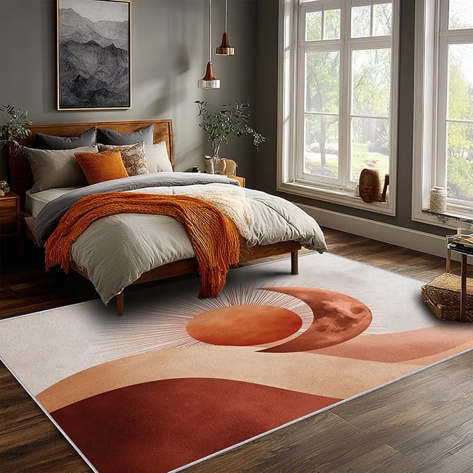 Boho Sun Rug, 6x8 Area Rugs Moon Mountain Abstract Terracotta Pattern for Living Room, Bedroom, Boho Sun Home Decor Accessories Indoor Carpet, Non Slip & Machine Washable