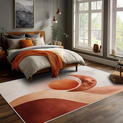 Boho Sun Rug, 6x8 Area Rugs Moon Mountain Abstract Terracotta Pattern for Living Room, Bedroom, Boho Sun Home Decor Accessories Indoor Carpet, Non Slip & Machine Washable