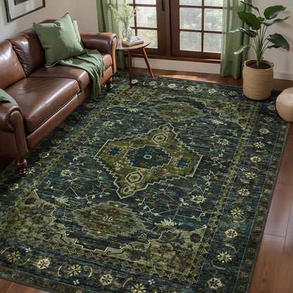 Tangsoo 3x5 Washable Rugs Oriental Area Rug, Vintage Non Slip Indoor Accent Rug, Print Distressed Olive Green Carpet, Soft Low Pile Rug for Living Room Dining Bedroom Bedside Entryway