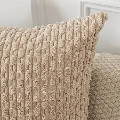 Kevin Textile Throw Pillow Covers Soft Corduroy Decorative Set of 2 Boho Striped Pillow Covers Pillowcases Farmhouse Home Decor for Couch Bed Sofa Living Room 18x18 Inch Beige