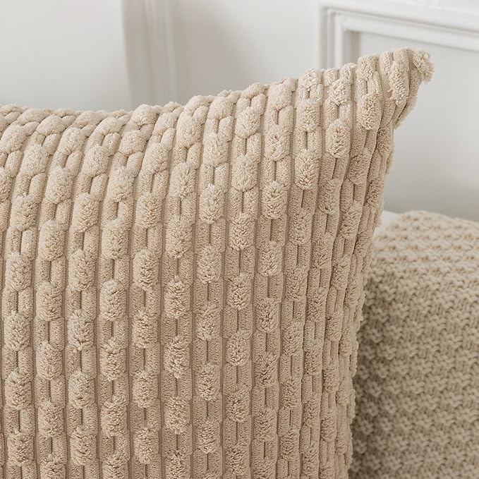 Kevin Textile Throw Pillow Covers Soft Corduroy Decorative Set of 2 Boho Striped Pillow Covers Pillowcases Farmhouse Home Decor for Couch Bed Sofa Living Room 22x22 Inch Beige