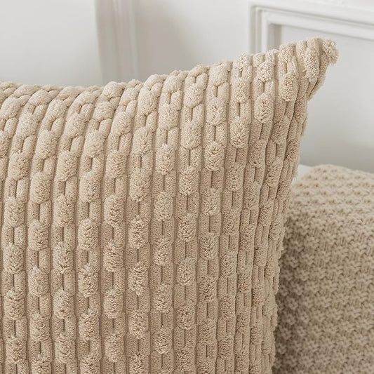 Kevin Textile Euro Sham Pillow Covers 28x28 Inch 2 Packs Soft Boho Striped Corduroy Decorative Throw Pillows for Living Room Couch Bed Sofa Rustic Farmhouse Home Decor 71x71cm Beige