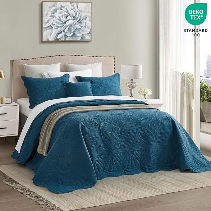 Oversized Bedspread - Queen Size Bedding Cover - Modern & Contemporary Coverlet Set, Real Stitching, Reversible, Lightweight, 4 Piece, Blue