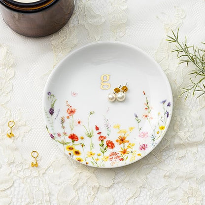 Crisky Initial Jewelry Tray Ring Dish & Gift Box, Ceramic Flower Trinket Dish for Rings Earrings Necklaces Keys, Bridal Shower Engagement Birthday Gift for Women, Friends 4.57" (Gold Foil G