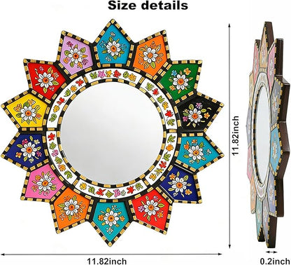 Sunflower Mirror - Vibrant 16-Petal Boho Circle Wall Decor, Small Decorative Floral Mirror Art for Living Room, Wood & Acrylic Mirror（2D Printed）
