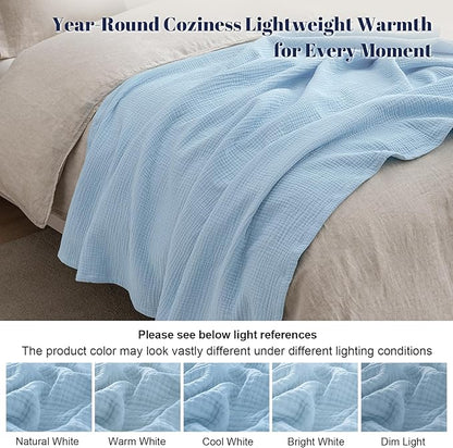 PHF 100% Cotton Muslin Throw Blanket 50" x 60", 4-Layer Lightweight Gauze Throw, Breathable Cloud-Soft Minimalist Blanket for Bed, Couch, Camping & Baby, Sky Blue, Ideal Gift