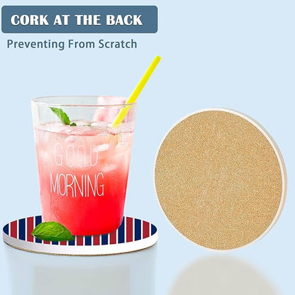 Coasters for Drinks,Set of 4 Absorbent Coasters American Patriotic Stars,Navy and Red Stars Stripes Ceramic Coasters with Cork Base,Coaster for Coffee Table Protection,Gifts for Housewarming Birthday