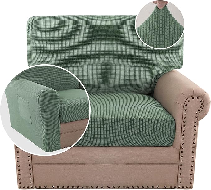 H.VERSAILTEX Multi-Pieces Chair Covers Stretch Couch Covers Form Fitted Seat and Back Cushions Covers (1 Seat Cover Plus 1 Back Cusion Cover, Bonus 2 Armrest Covers), Loden Frost