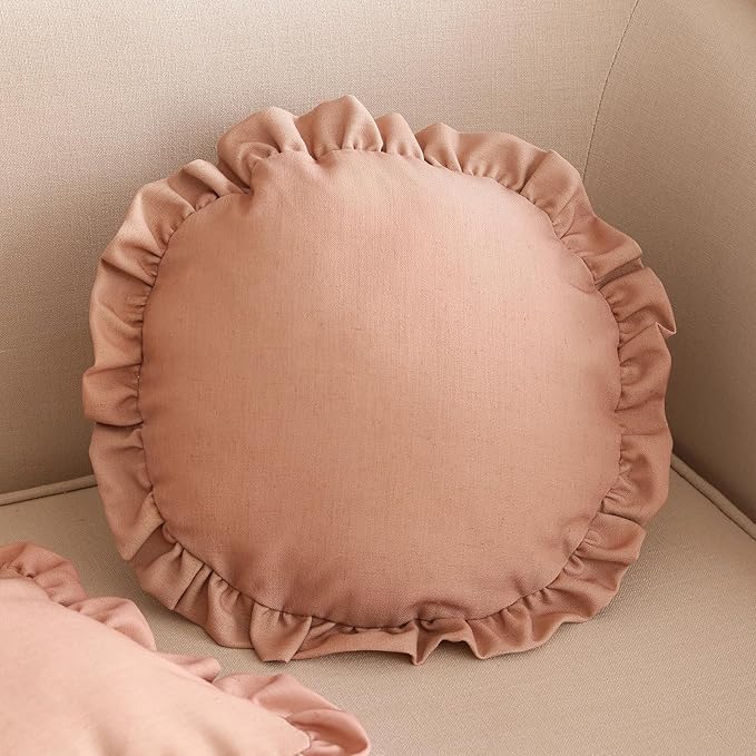 ISAENNE 2 Pcs Classic Pink Round Throw Pillow Cover Diameter 16", Solid Color Cottage Linen Cotton Decor Pillow Cover with Ruffles, Sturdy Throw Pillow Case for Couch Sofa Bed Living Room