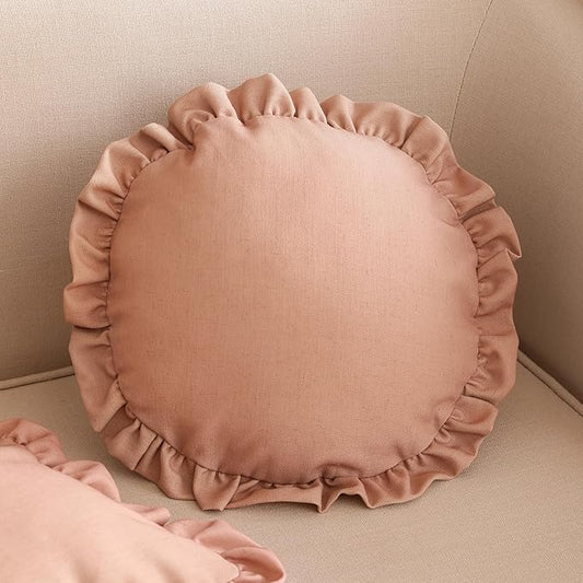 ISAENNE 2 Pcs Classic Pink Round Throw Pillow Cover Diameter 16", Solid Color Cottage Linen Cotton Decor Pillow Cover with Ruffles, Sturdy Throw Pillow Case for Couch Sofa Bed Living Room