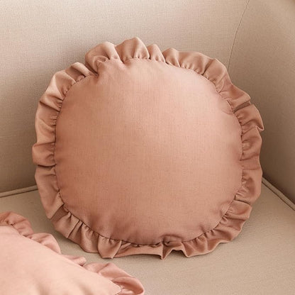ISAENNE Classic Pink Round Throw Pillow Cover Diameter 16", Solid Color Cottage Linen Cotton Decoration Pillow Cover with Ruffles, Sturdy Throw Pillow Case for Couch Sofa Bed Living Room