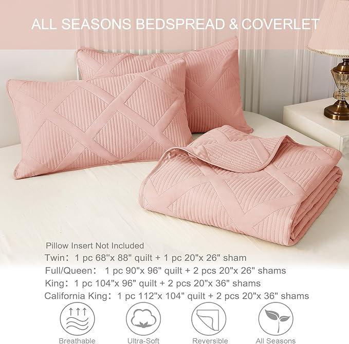 Exclusivo Mezcla Quilts Queen Size - Blush Pink Quilt Set Bedspread with 2 Pillow Shams, Modern Bedding Set with Striped Pattern, Soft Lightweight Bedspreads Queen Size for All Seasons