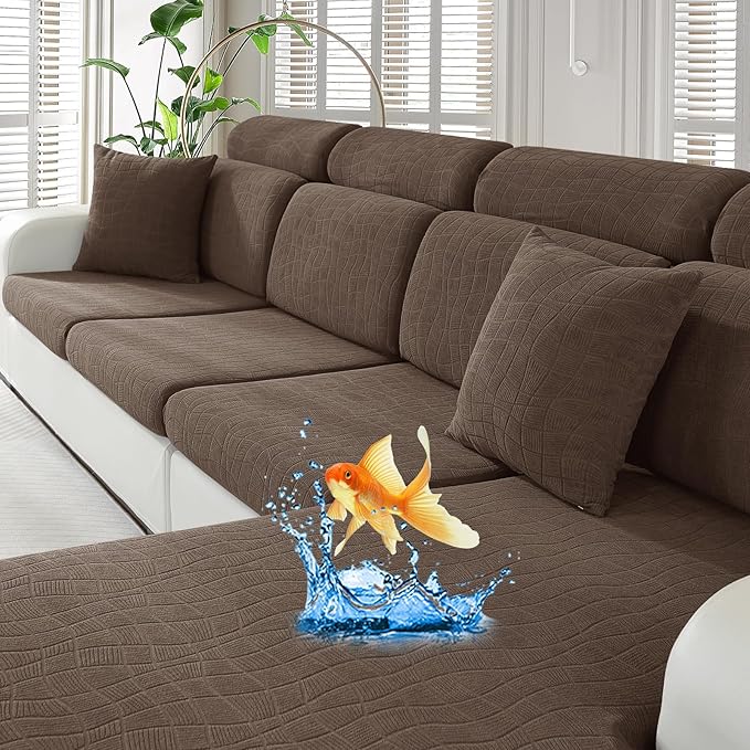 MAXIJIN Waterproof Couch Cushion Covers Stretch Sofa Seat Slipcovers Washable，Sectional Outdoor Cushion Covers with Elastic Bottom for Dogs Pets Kids (1 Pc Cushion Cover, Light Coffee)
