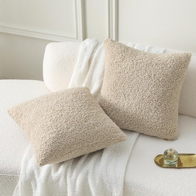 FUTEI Beige Throw Pillow Covers 24x24 Inch Set of 2,Furry Faux Fur Teddy Boucle Textured Cushion Covers,Soft Fluffy European Pillow Shams,Home Decor for Couch Bed Living Room Office Car