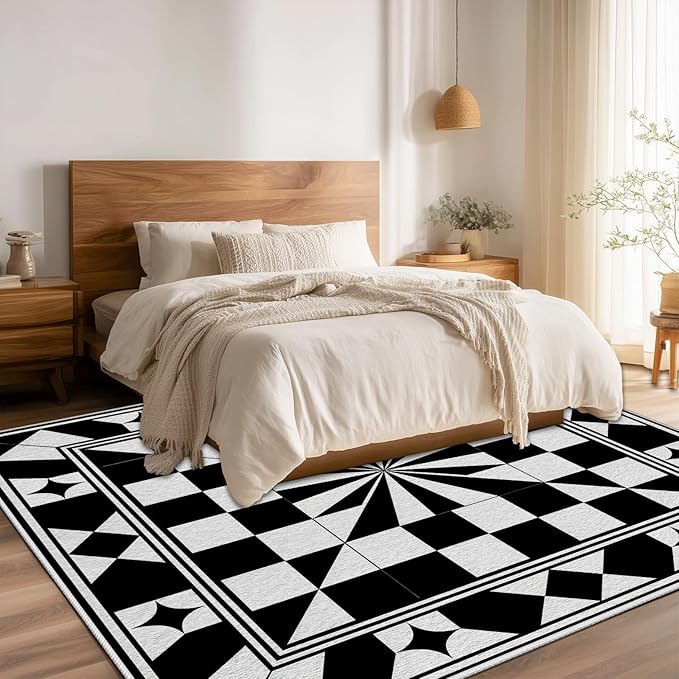 Black and White Checkered Rug, Checkered Rug, Modern Geometric Pattern Carpet, Retro Machine Washable Non Slip Area Rugs, Contemporary Rugs for Living Room/Bedroom 5x6