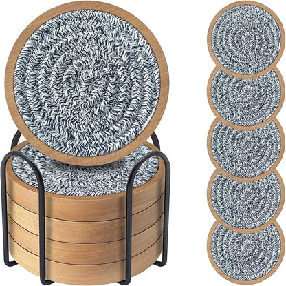 Coasters for Drinks Absorbent Sets of 5, Eykao Woven Coasters with Holder, Housewarming Gift for Farmhouse Home Decor, 4 inches (Mixed Blue)