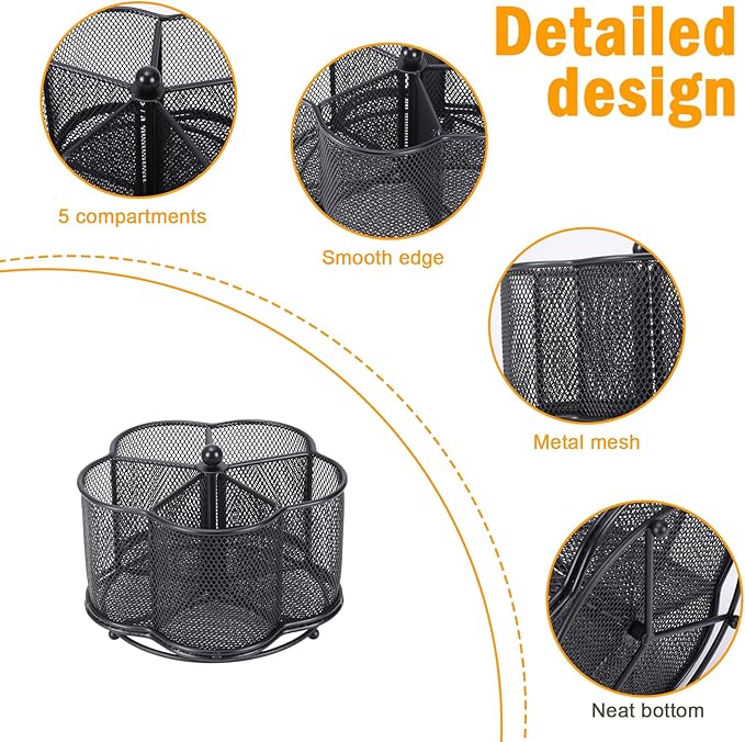 Rotating Pen Holder with 5-Compartment, Metal Mesh Pencil Organizer and Marker Holder for Desk, Crayon Organizer and Spinning Desk Organizer for Office School Supplies, Black
