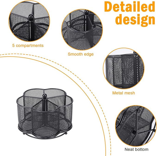 Rotating Pen Holder with 5-Compartment, Metal Mesh Pencil Organizer and Marker Holder for Desk, Crayon Organizer and Spinning Desk Organizer for Office School Supplies, Black