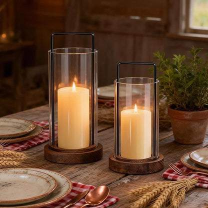 Houmury Set of 2 Brown Hurricane Candle Holders Lantern 12” & 10”with Wood Base Metal Handle Glass Cylinder Modern Farmhouse Decor for Home Decor, Table Centerpieces (Brown)