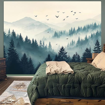 Haibimen Forest Mountain Tapestry Wall Hanging Green Pine Tree Bird Nature Forest Tapestrise for Bedroom Morning Mist Aesthetics Wall Decor for Living Room Dorm (forest-2, 80''×60'')