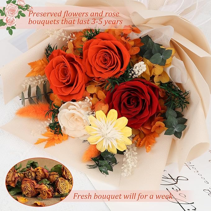 Flowers for Delivery Prime Real Preserved Flowers Bouquet That Last 3-5 Years Forever Roses Flowers Bouquets Gifts for Mom Anniversary Thanksgiving Birthday Women Grandma Wife Friends Gift (Orange)