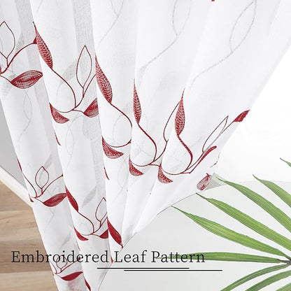Tollpiz Burgundy Red Leaf Sheer Curtains Leaves Embroidered Living Room Short Curtain Rod Pocket Voile Window Treatments for Bedroom, 54 x 45 inches Long, Set of 2 Panels