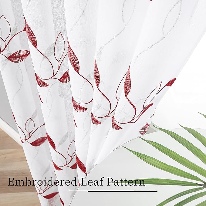 Tollpiz Burgundy Red Leaf Sheer Curtain Leaves Embroidered Living Room Short Curtains Rod Pocket Voile Window Treatment for Bedroom, 54 x 54 inches Long, Set of 2 Panels