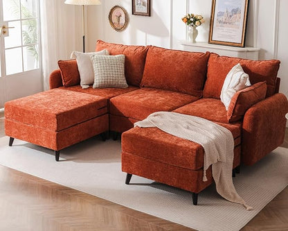 104'' Modular Sectional Sofa with Seats Storage,Oversized U Shaped Couch for Living Room,Comfy 3-Seater Cloud Couches with Deep Seat, Movable Ottoman, 2 Throw Pillow,Chenille,Orange
