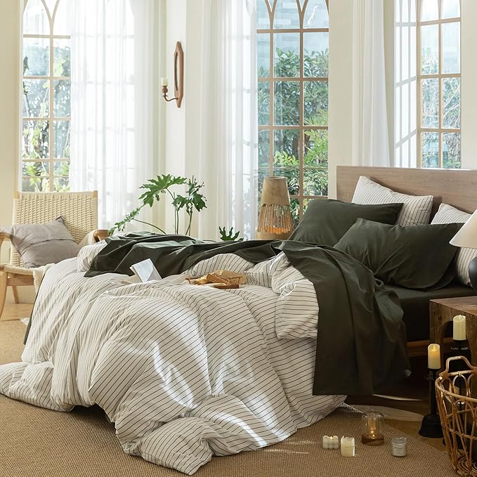 MooMee Bedding Sheet Set 100% Washed Cotton Linen Like Textured Breathable Durable Soft Comfy (Solid Olive Green, Queen)