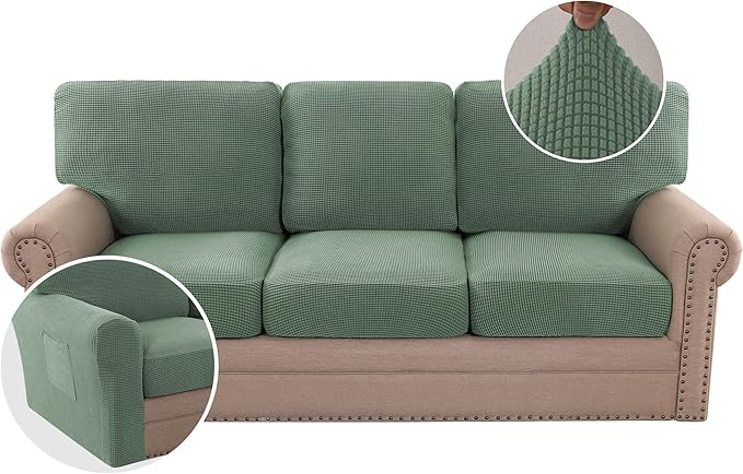 H.VERSAILTEX Multi-Pieces Sofa Covers Stretch Couch Covers Form Fitted Seats and Back Cushions Covers (3 Seat Covers Plus 3 Back Cusion Covers, Bonus 2 Armrest Covers), Loden Frost