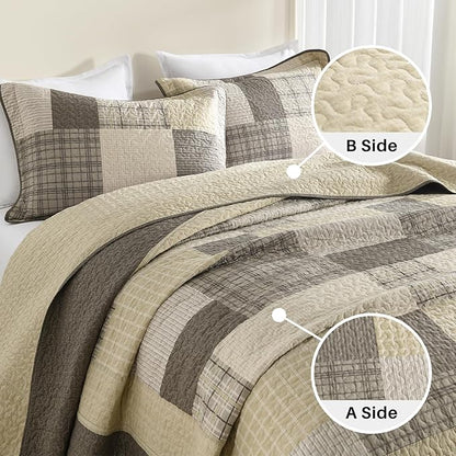Oversized Bedspread Quilt 120x120-100% Cotton Plaid King Bedspreads Coverlet, Farmhouse Quilted Bedding Cover for All Season, Reversible, Lightweight, 3 Piece, Brown/Beige