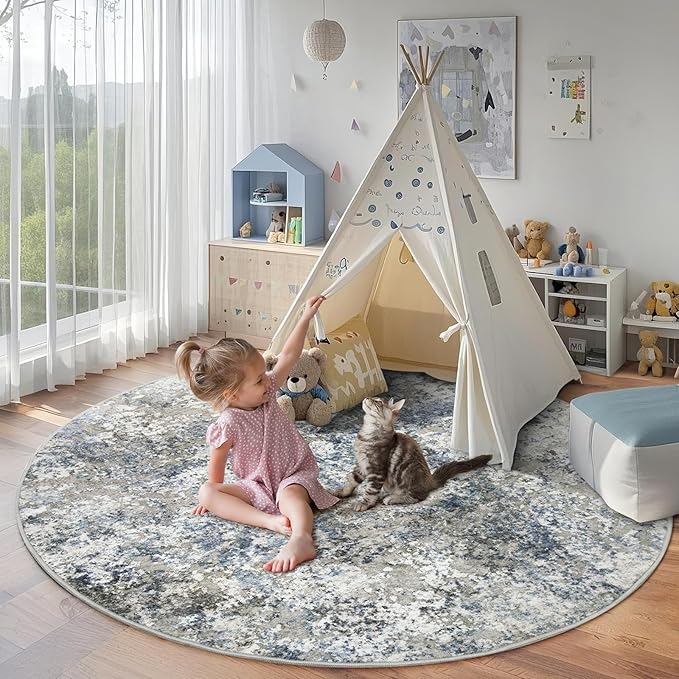 6ft Round Area Rug for Living Room- 6x6 Washable Neutral Abstract Rug for Bedroom Modern Soft Dining Room Rug No Slip Low Pile Carpet for Nursery Home Office Decor - Grey/Blue