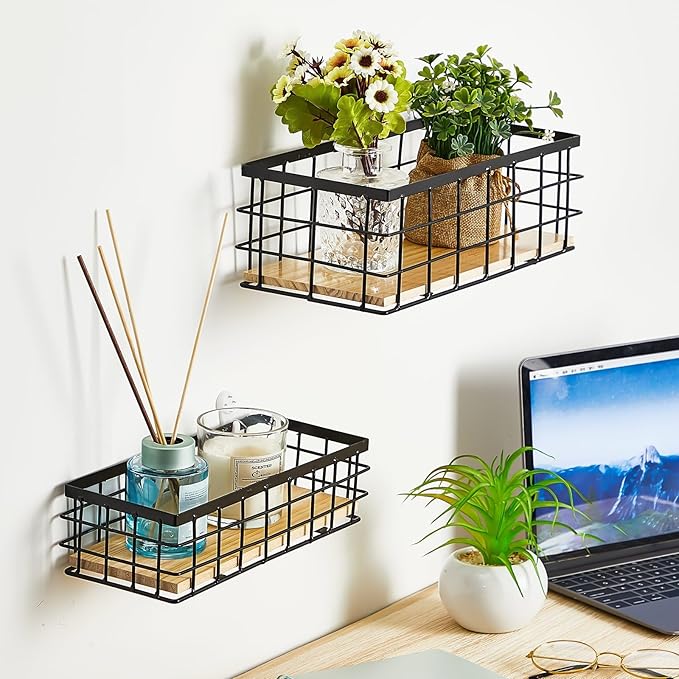 Funrous 2 Pcs Metal Small Wire Basket Wall Hanging Wire Basket Hang Small Bathroom Kitchen Storage Organizer Toilet Paper Mesh Storage Bin Shelf Rack with Base(Black,9.84 x 3.94 x 2.76 Inches)
