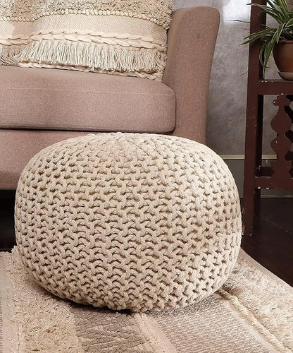 REDEARTH · Round Pouf Ottoman - Hand Knitted Cable Boho Poof Home Décor Pouffe Circular Footrest for Living Room - Nursery - Bedroom - Lounge 100% Cotton (19.5"x19.5"x14") - Ivory, Set of 2