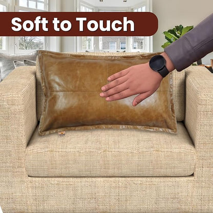 100% Lambskin Leather Pillow Cover - Sofa Cushion Case - Decorative Throw Covers for Living Room & Bedroom, 16x24 Inch - Gold Crunch Box Pack of 2