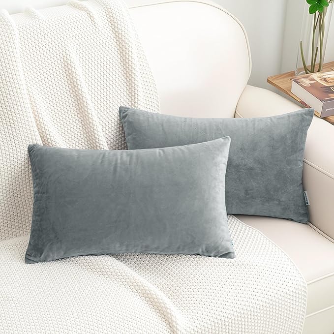 HWY 50 Gray Grey Velvet Rectangular Throw Pillow Covers 12x20 Inch, Pack of 2 Soft Cozy Solid Decorative Luxury Cushion Cases for Couch Sofa Bed Living Room Bedroom