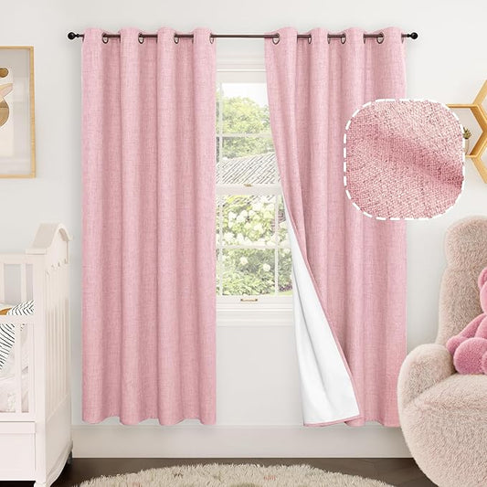 Baby Pink Linen Blackout Curtains for Nursery 72 Inch Length 2 Panels Set, Thermal Insulated Boho Total Black Out Noise Reducing Bonzer Grommets Window Curtains for Girls Bedroom, Each 52 Inch Wide