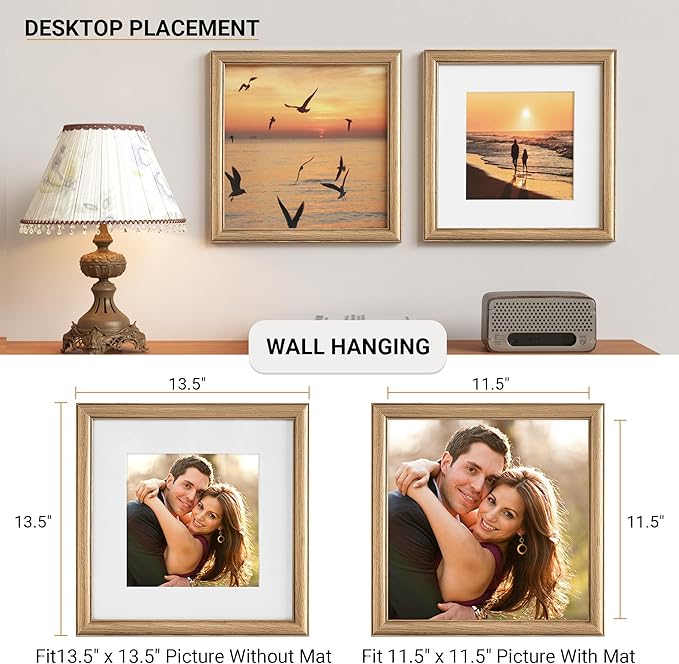 Heimlove 12x12 Picture Frame,12 x 12 Solid White Oak Square Photo Frame with Tempered Glass,12"x12" Handcrafted Wood Frame Matted to 8x8 Photos for Wall Hanging Photo Frame Art Photo and Prints,3 Pack
