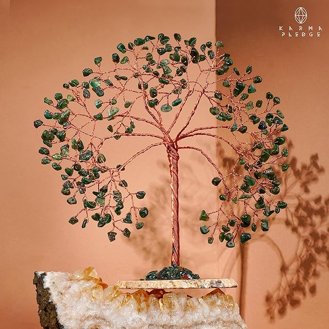 KARMAPLEDGE Crystal Tree Home and Office Decoration, Green Aventurine Healing Stones Handmade Crystal Decor Tree of Life for Positive Energy, Good Luck, Money and Spiritual Gifts for Women
