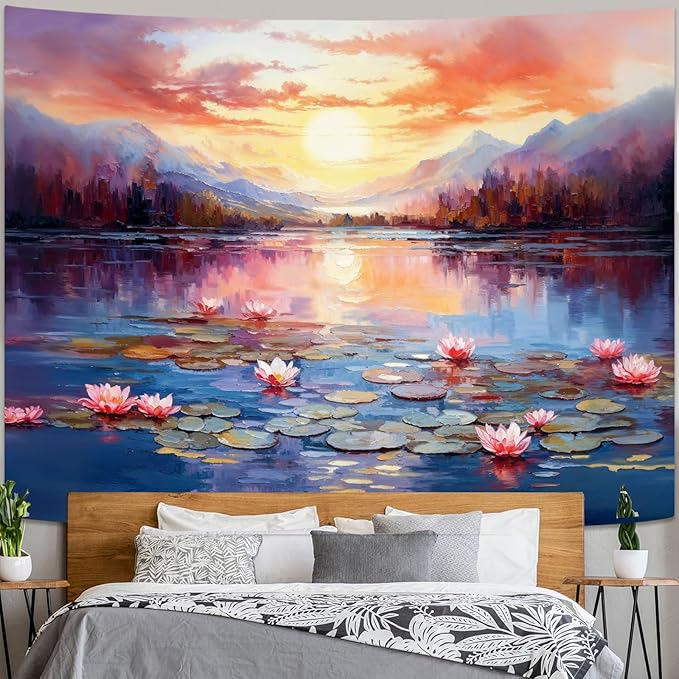 kampdream Landscape Tapestry, Scenery Art Wall Tapestries, Nature Wall Decor for Bedroom Living Room Backdrop Sunset Pond Lotus 36×48 inches