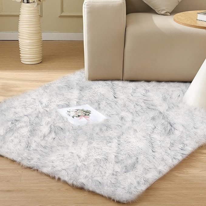 White and Gray Furry Carpet for Bedroom Fuzzy Faux Sheepskin Washable Fur Area Rugs for Living Room Rug 4x6 Rectangle Nursery Rug