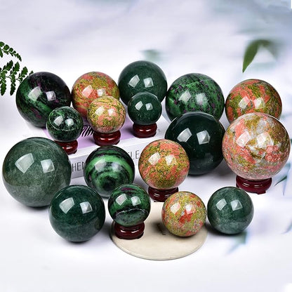 JIC Gem Large Gemstone Sphere Ball Ruby Zoisite Healing Crystal Ball Red&Green Crystal Sphere with Wood Stand Crystal Decorative Ball Home Decoration (90-100mm)