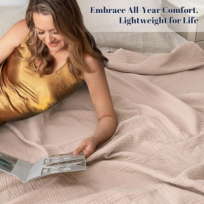 PHF 100% Cotton Muslin Throw Blanket 50" x 60", 4-Layer Lightweight Gauze Throw, Breathable Cloud-Soft Minimalist Blanket for Bed, Couch, Camping & Baby, Dusty Pink, Ideal Gift