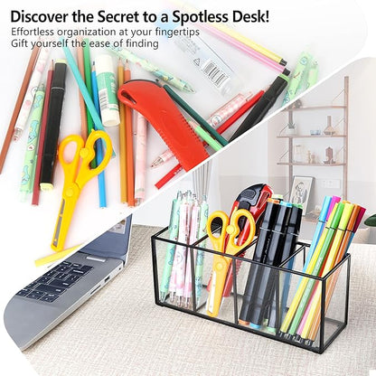 Pencil Holder for Desk,Tempered Glass Pen Holder,3&4 Compartments,Desktop Storage Organizer for Office Supplies,School Supplies,Pens,Markers,Pencils,Scissors,Paperclips (Black, 4 compartments)